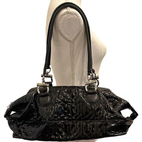 Donald Pliner Black Quilted Patent Leather Large Shoulder Tote Bag Preppy Classy - Picture 2 of 11